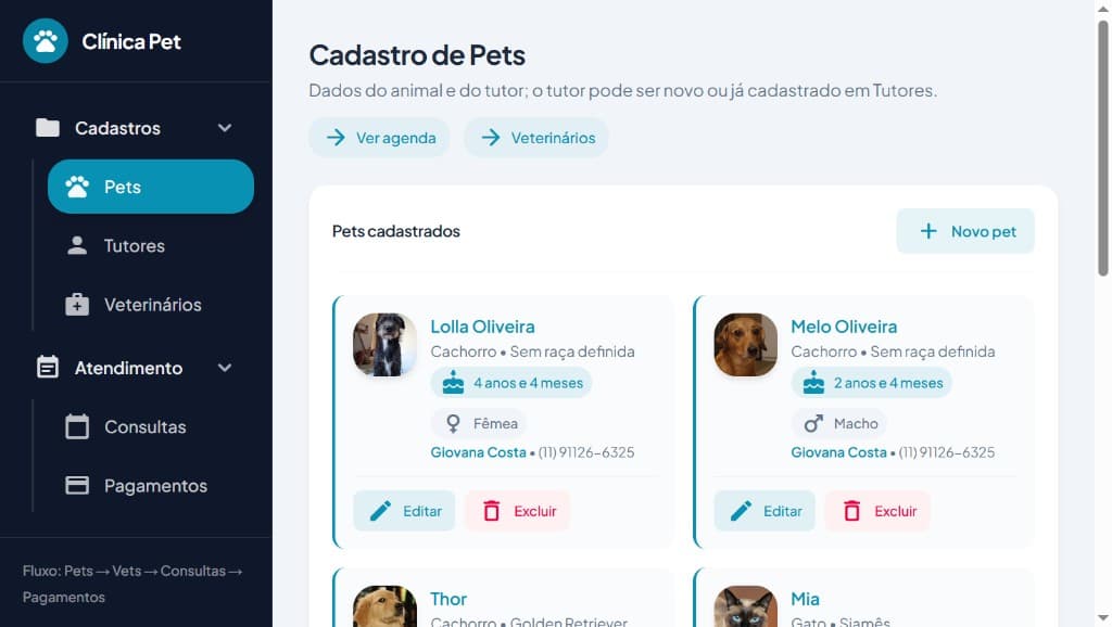 Captura de ecrã do projeto Clínica Pet