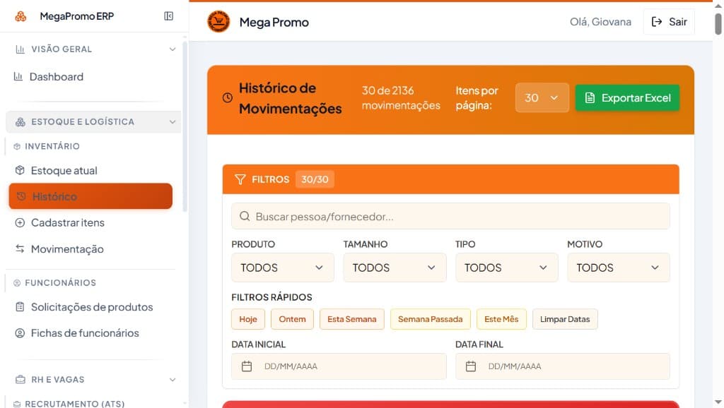 Captura de ecrã do projeto Mega Promo — Estoque
